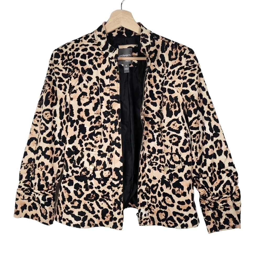 Anthracite by Muse Women's Size 6 leopard print zip up Blazer Work jacket